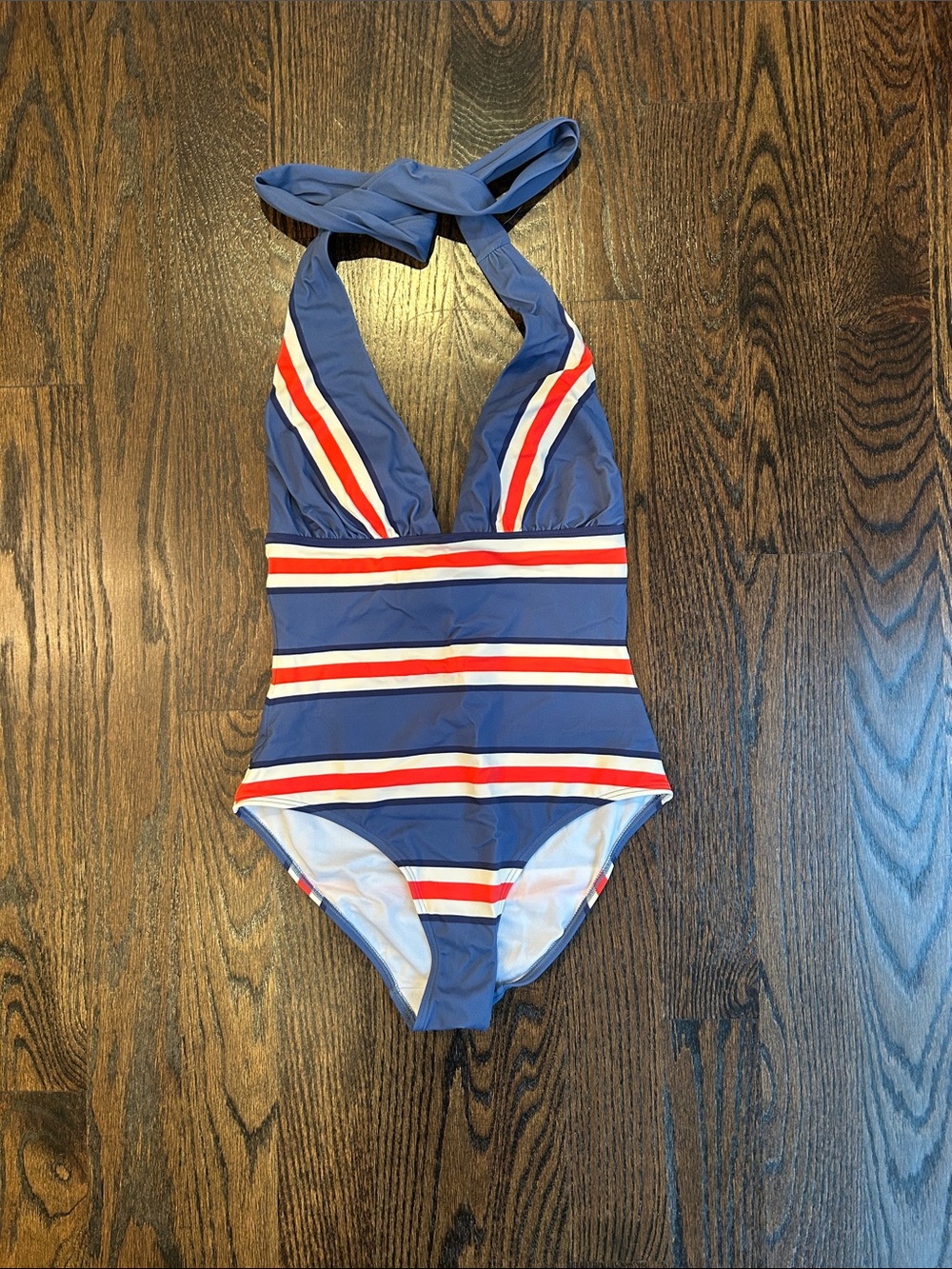 Blue Stripe Halter One-Piece Swimsuit